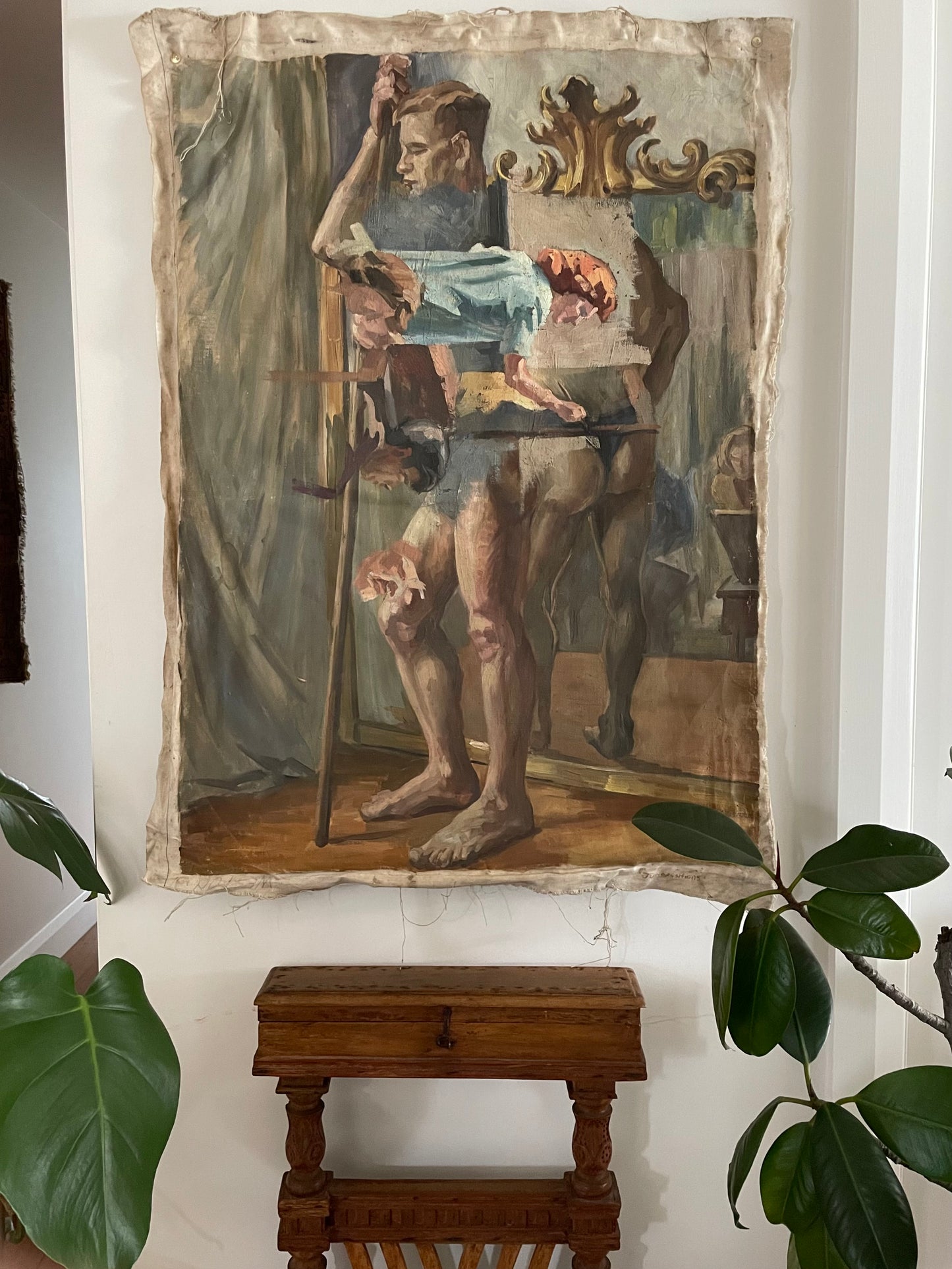 Juxtapositions - vintage oil painting on extra large loose canvas material - two sided classical nude artwork