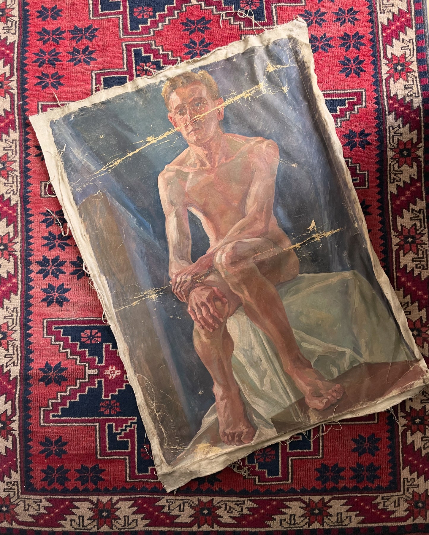 Reflections - extra large vintage male nude original oil artwork - two sided