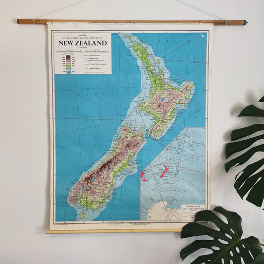 New Zealand map - vintage canvas backed pull down map