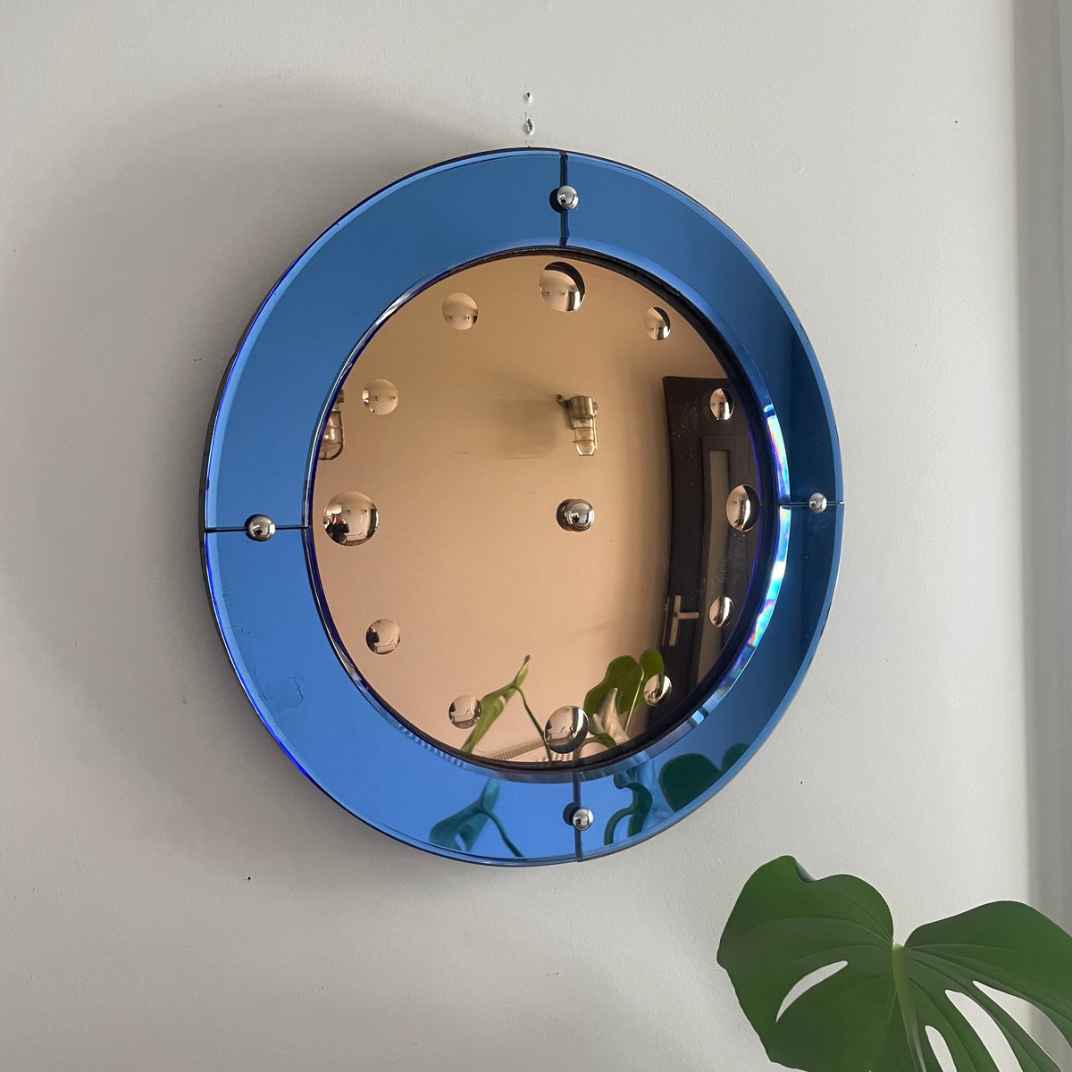 Original Smiths Venus Art Deco clock mirror - Two toned convex blue and pink glass antique bubble mirror