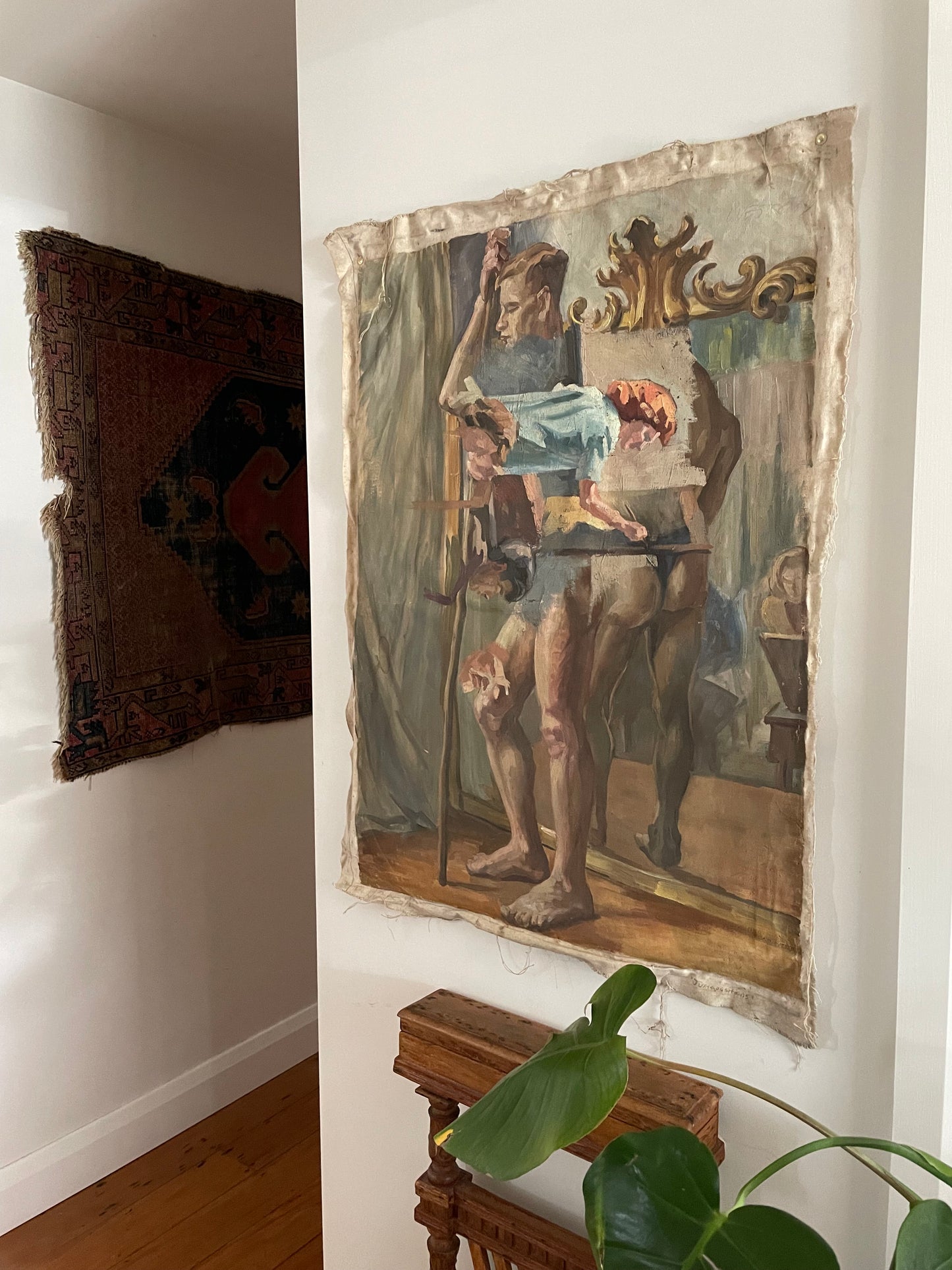 Juxtapositions - vintage oil painting on extra large loose canvas material - two sided classical nude artwork