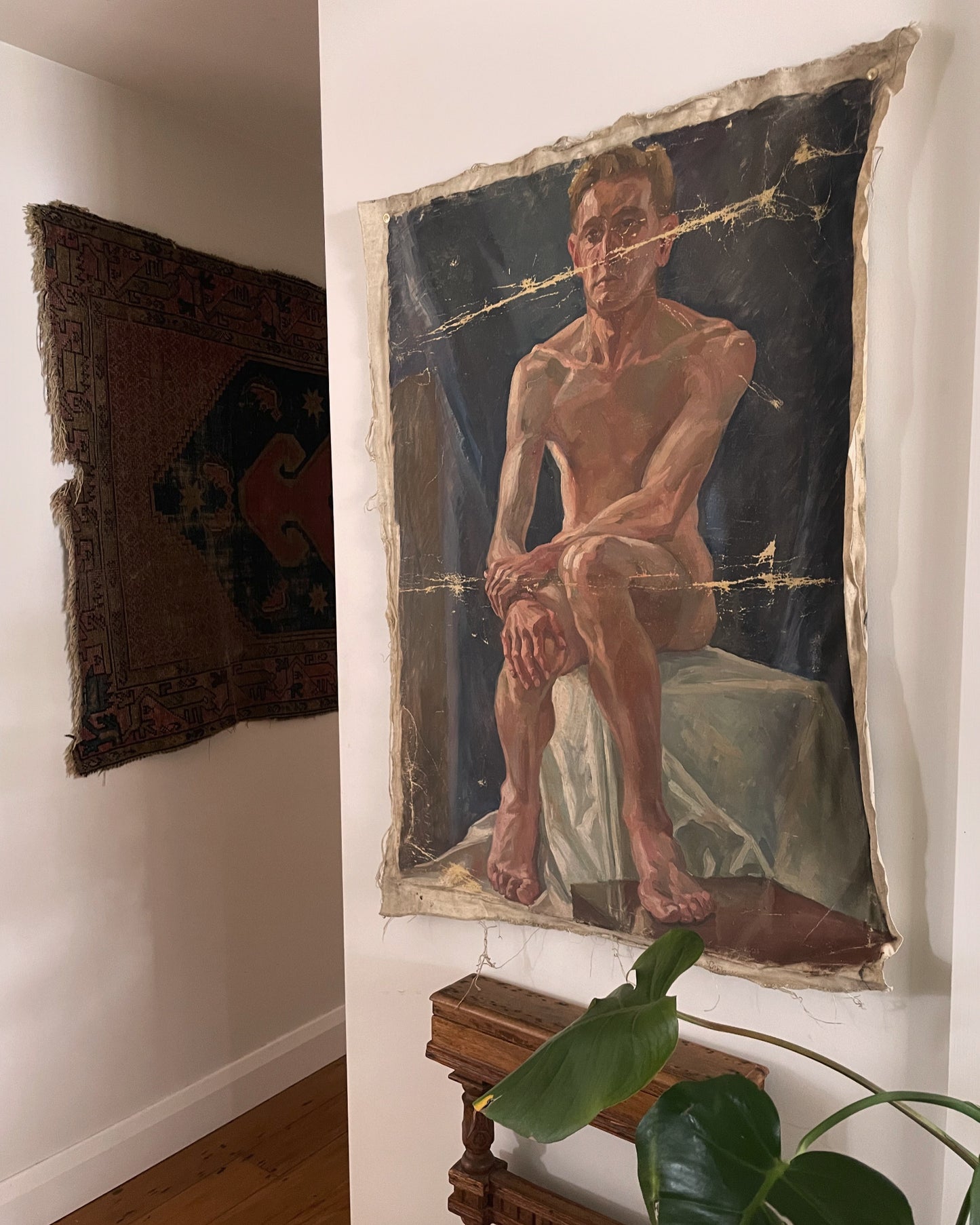 Reflections - extra large vintage male nude original oil artwork - two sided