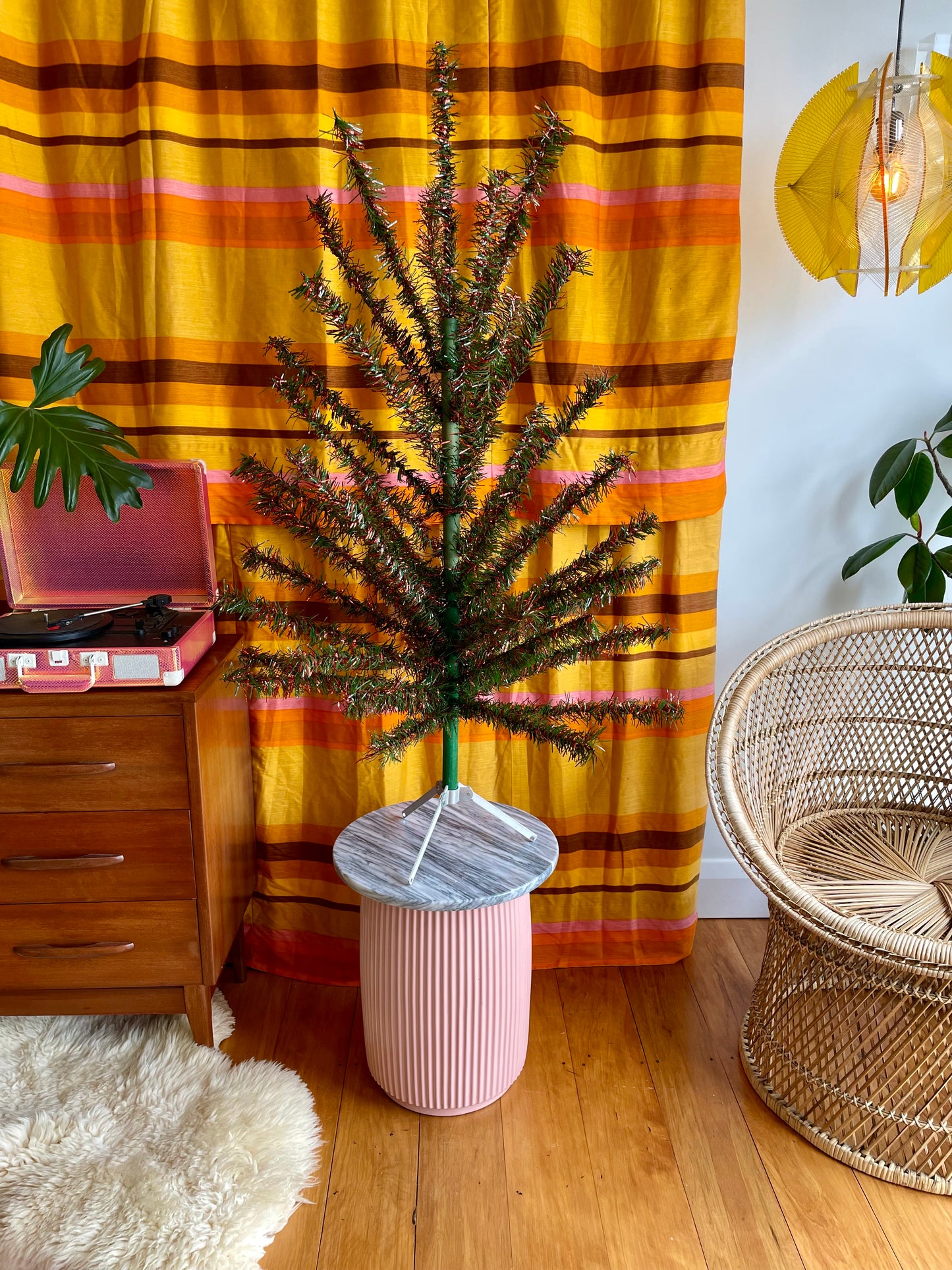 Red and green vintage 4 foot Christmas tree - midcentury modern tinsel xmas tree