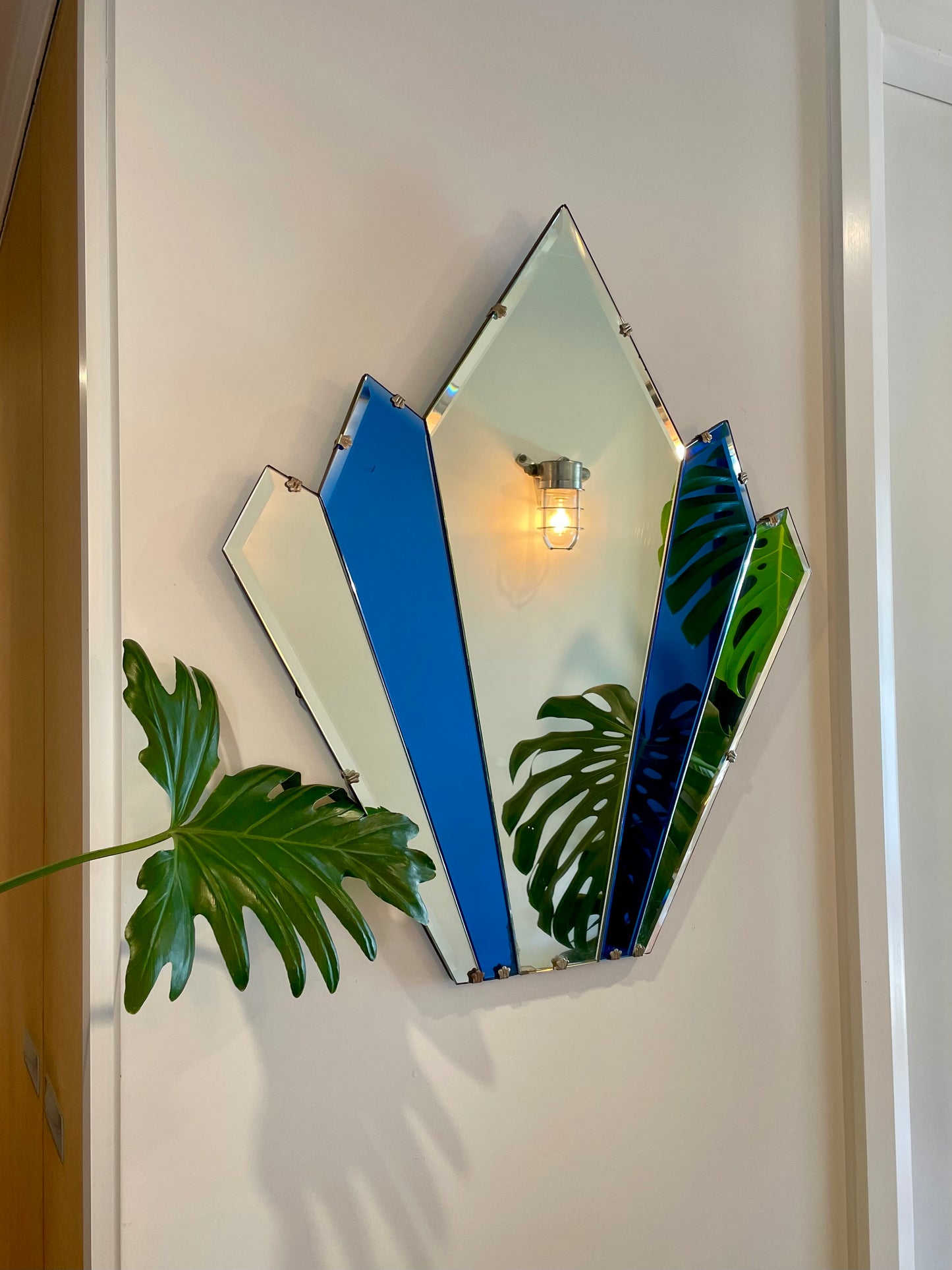 The Cathedral Mirror- Art Deco pointed mirror with cobalt blue glass panels