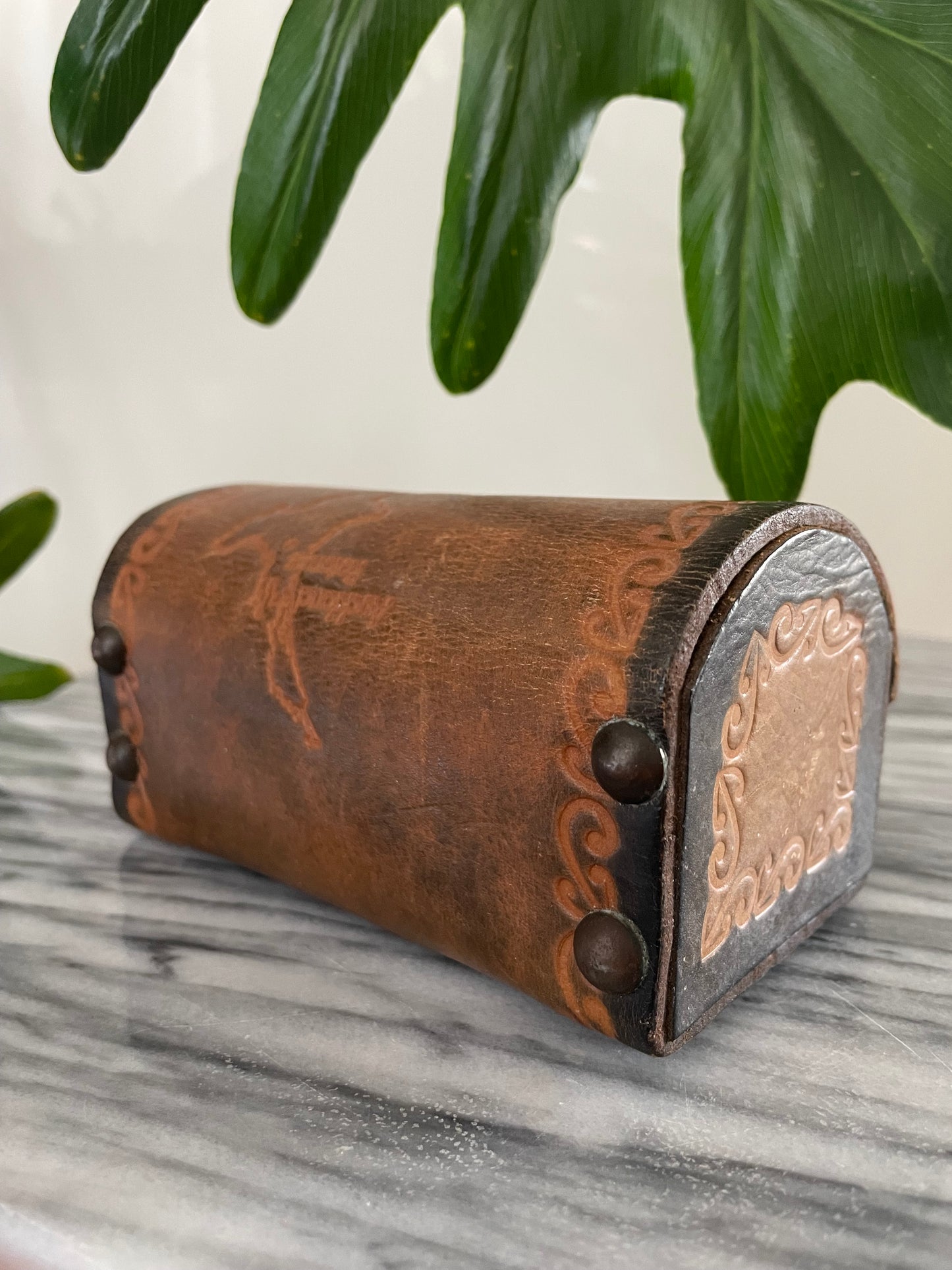 Vintage hand-tooled leather box with embossed Map of New Zealand and Māori designs