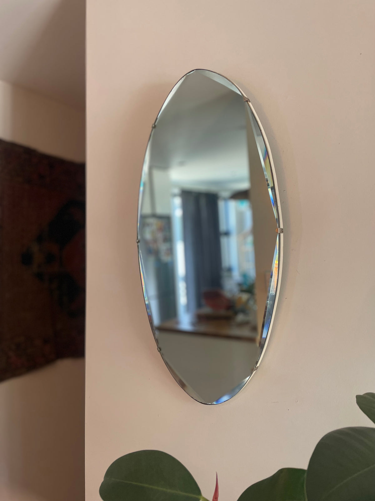 Extra long antique oval mirror - Art Deco beveled mirror