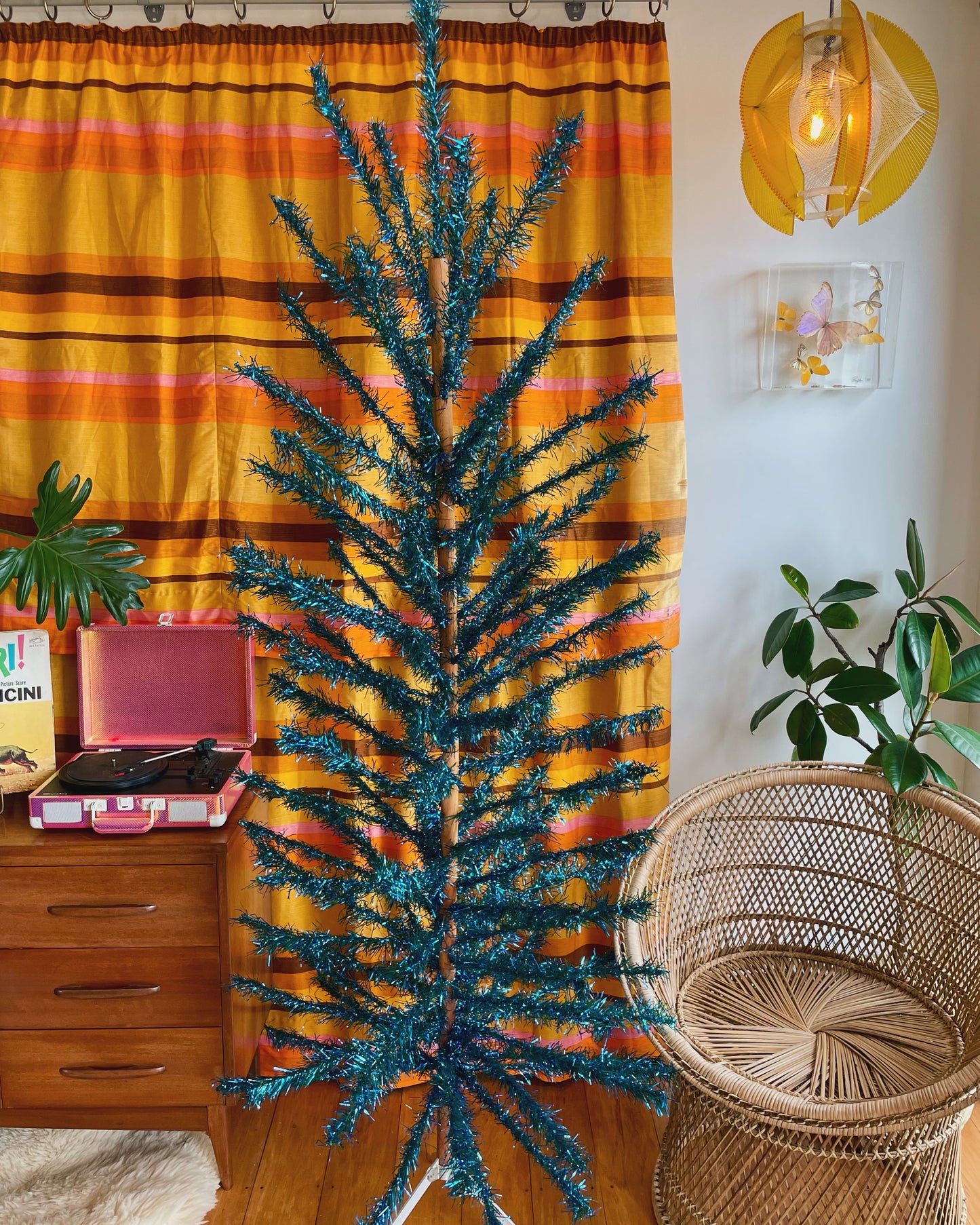 Blue Tui Tree - 7 foot Sparkly blue and green vintage Christmas tree - midcentury modern aluminum Xmas tree
