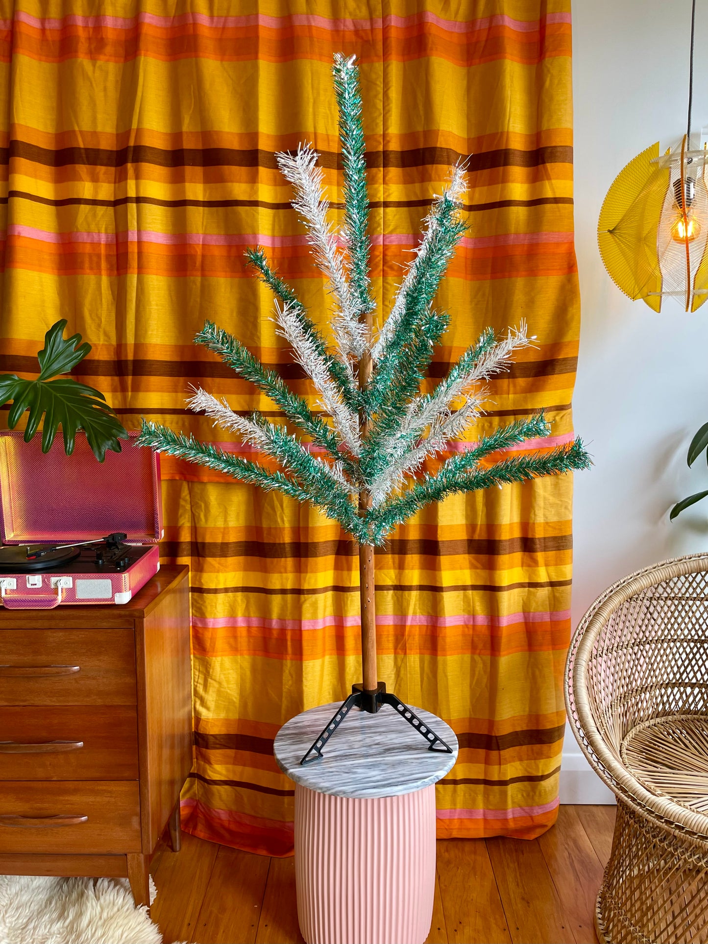 Ziegfeld Showgirl - Vintage 4 foot silver and turquoises Christmas tree - retro two toned tinsel aluminum xmas tree