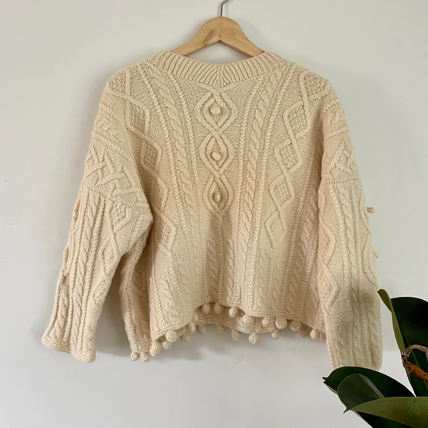 Vintage Roberta Freymann for Bergdorf Goodman handknit wool sweater - cable knit fisherman jumper with pompom details