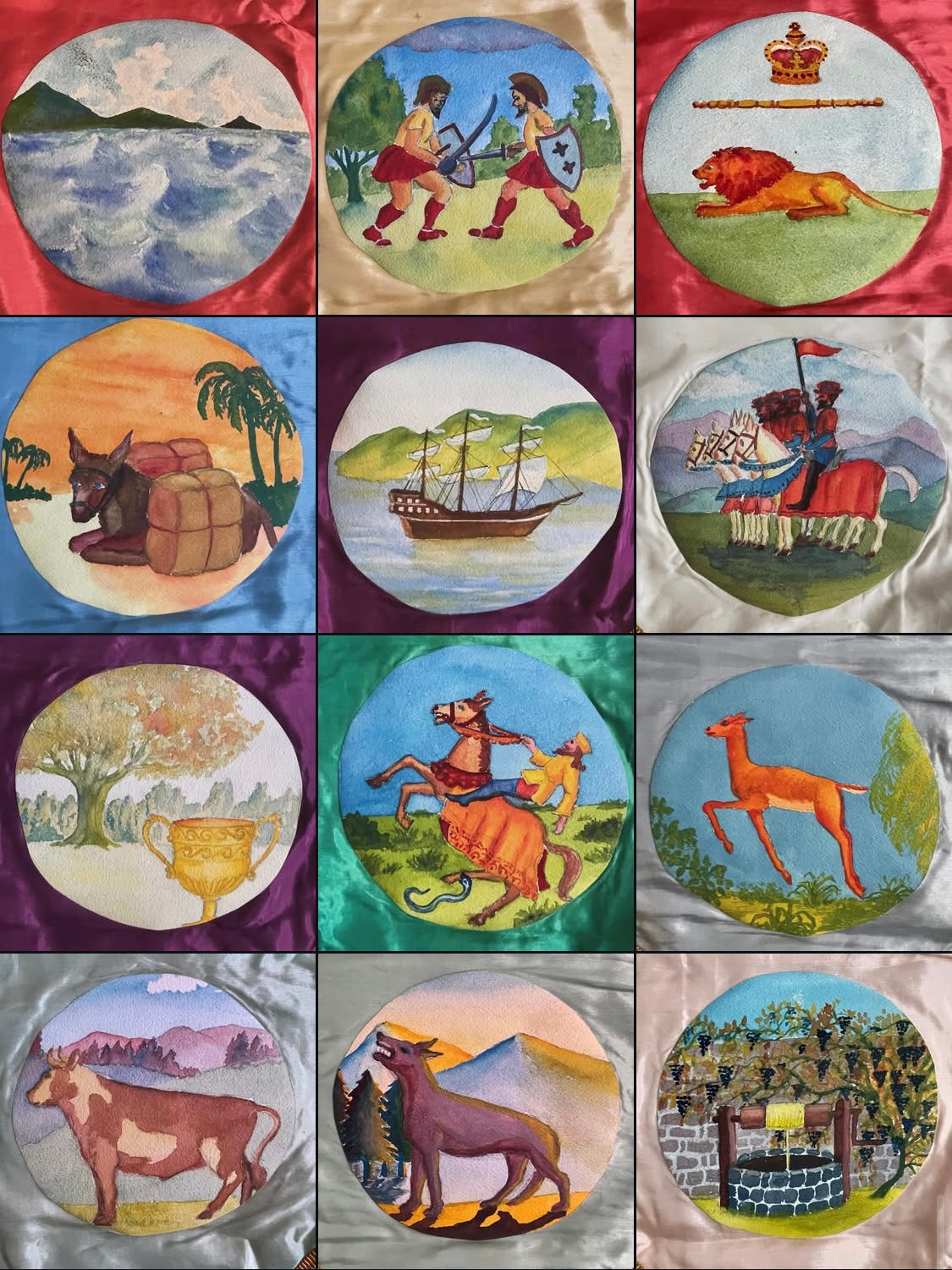 Antique Masonic banners of the 12 Tribes of Israel - Royal Arch Free Mason / Oddfellows / IOOF silk hand painted hanging