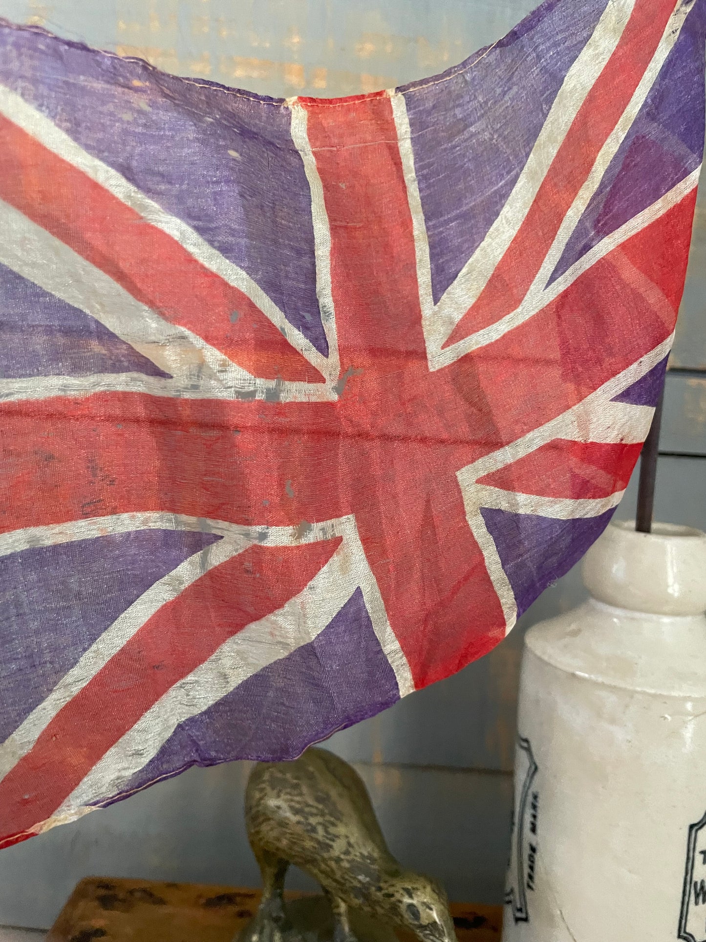 Antique silk United Kingdom parade flag, small ceremonial UK waving flag on stick