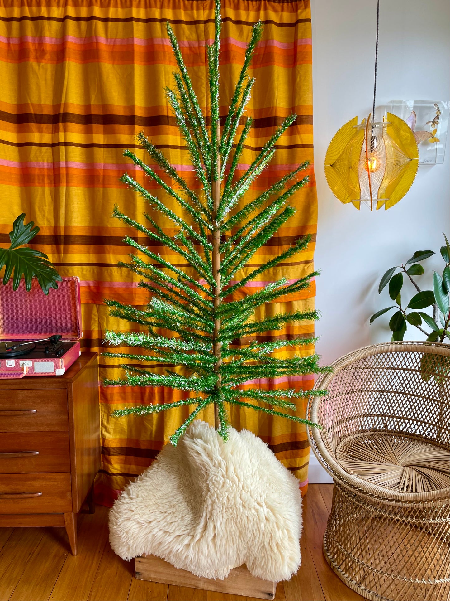 Lime green vintage Christmas tree - 6 foot midcentury modern aluminum Xmas tree - sparkly silver and green