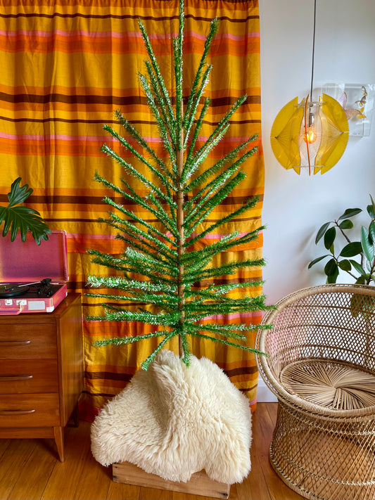 Lime green vintage Christmas tree - 6 foot midcentury modern aluminum Xmas tree - sparkly silver and green