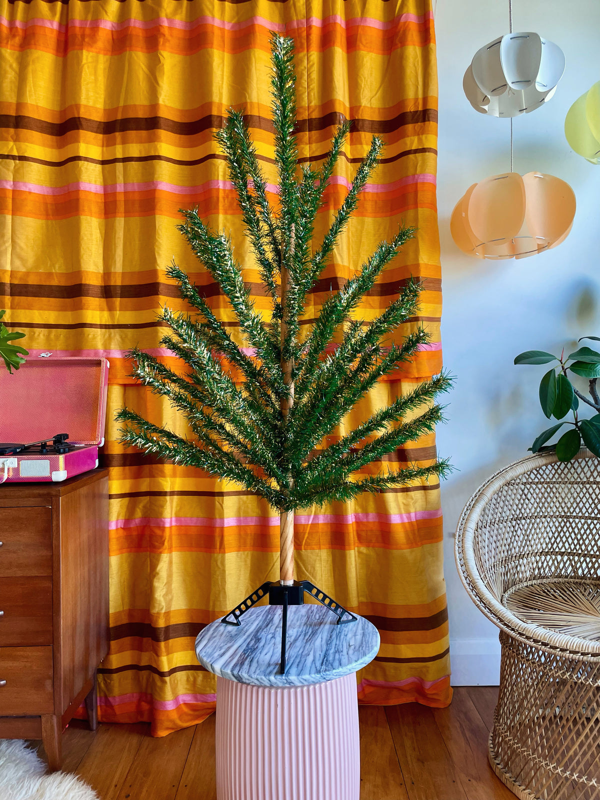 Goldie Locks -  vintage gold and green midcentury modern Christmas tree / vintage tinsel tree