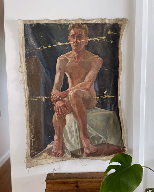 Reflections - extra large vintage male nude original oil artwork - two sided