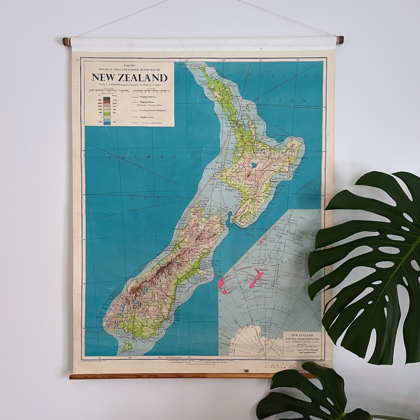 Vintage 1968 canvas backed map of New Zealand