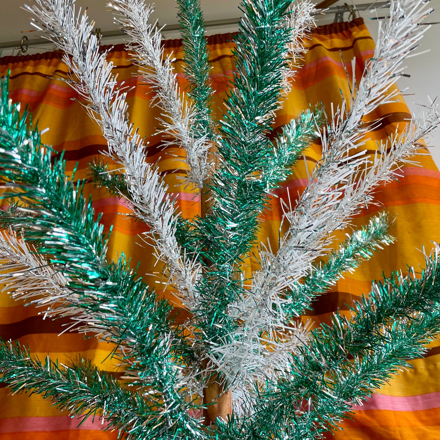 Ziegfeld Showgirl - Vintage 4 foot silver and turquoises Christmas tree - retro two toned tinsel aluminum xmas tree