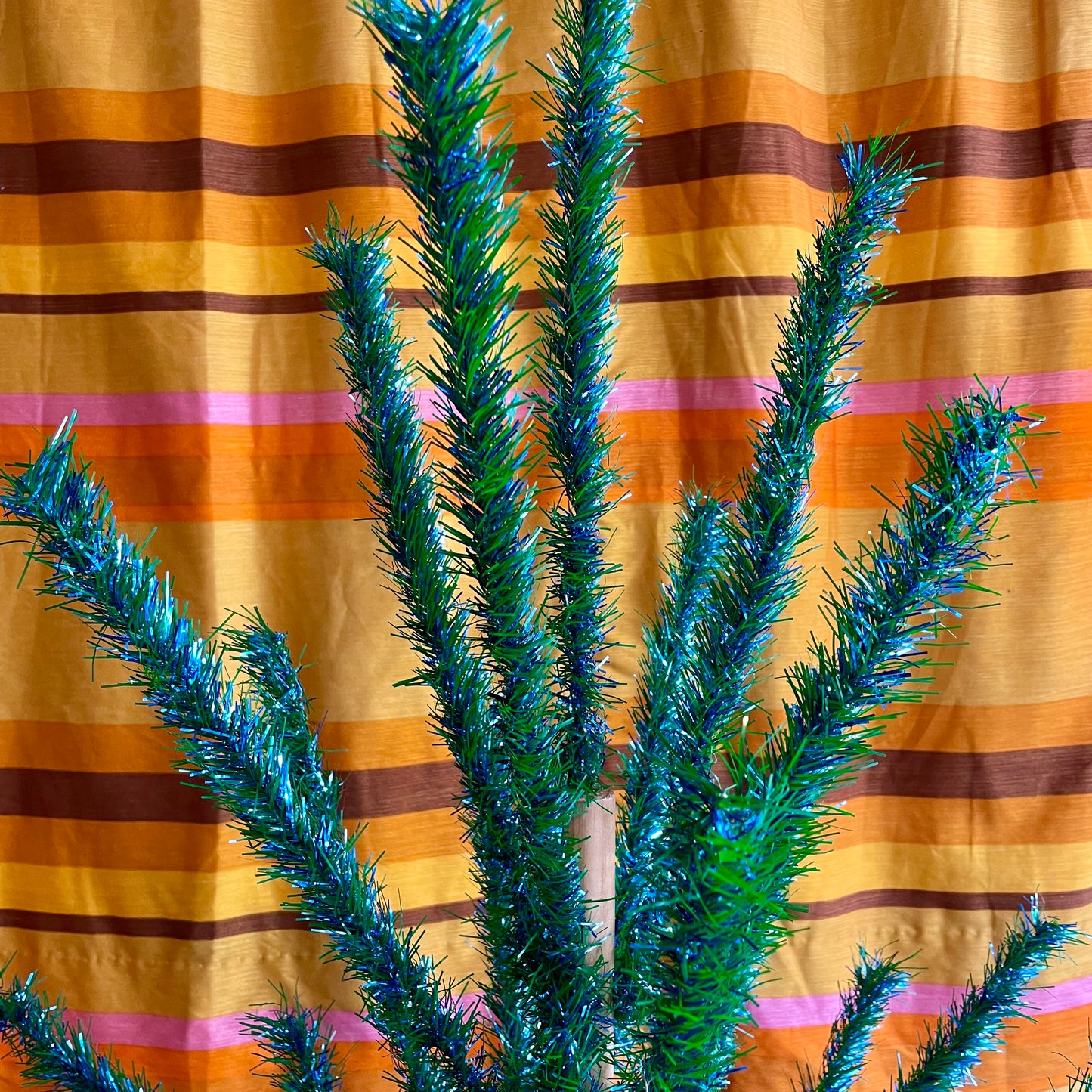 Sparkly vintage blue and green faux Christmas tree - midcentury modern peacock Xmas tree