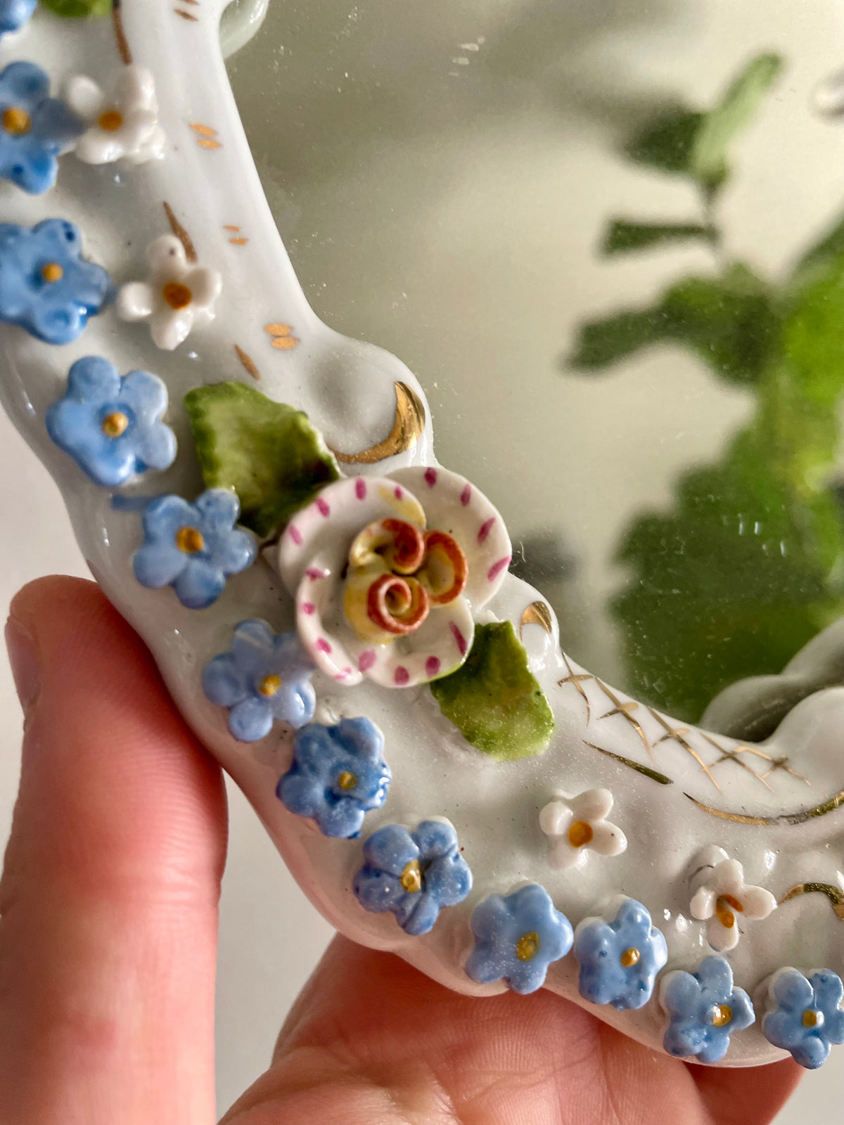 Antique German porcelain mirror - small glass floral mirror