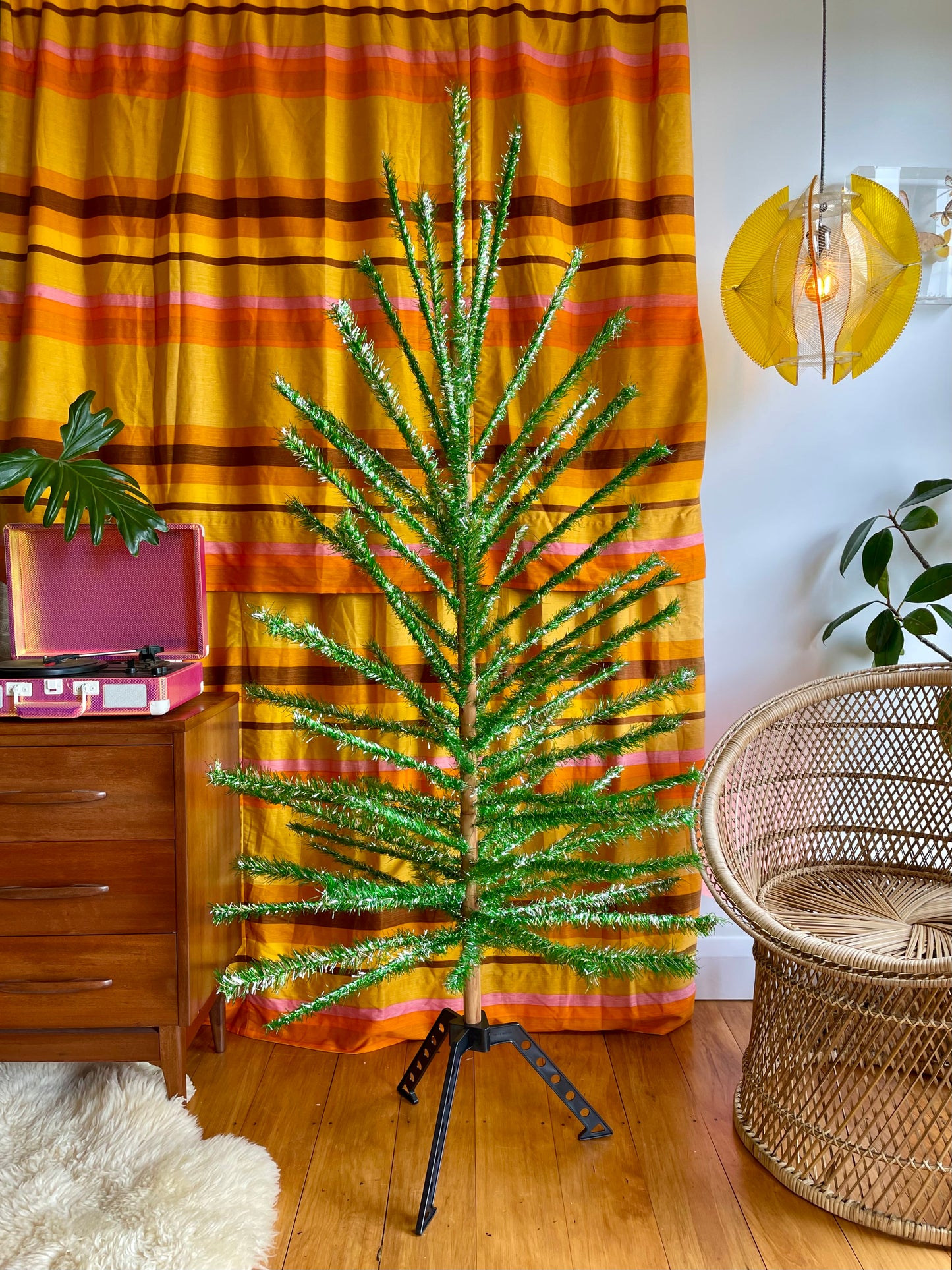 Lime green vintage Christmas tree - 6 foot midcentury modern aluminum Xmas tree - sparkly silver and green