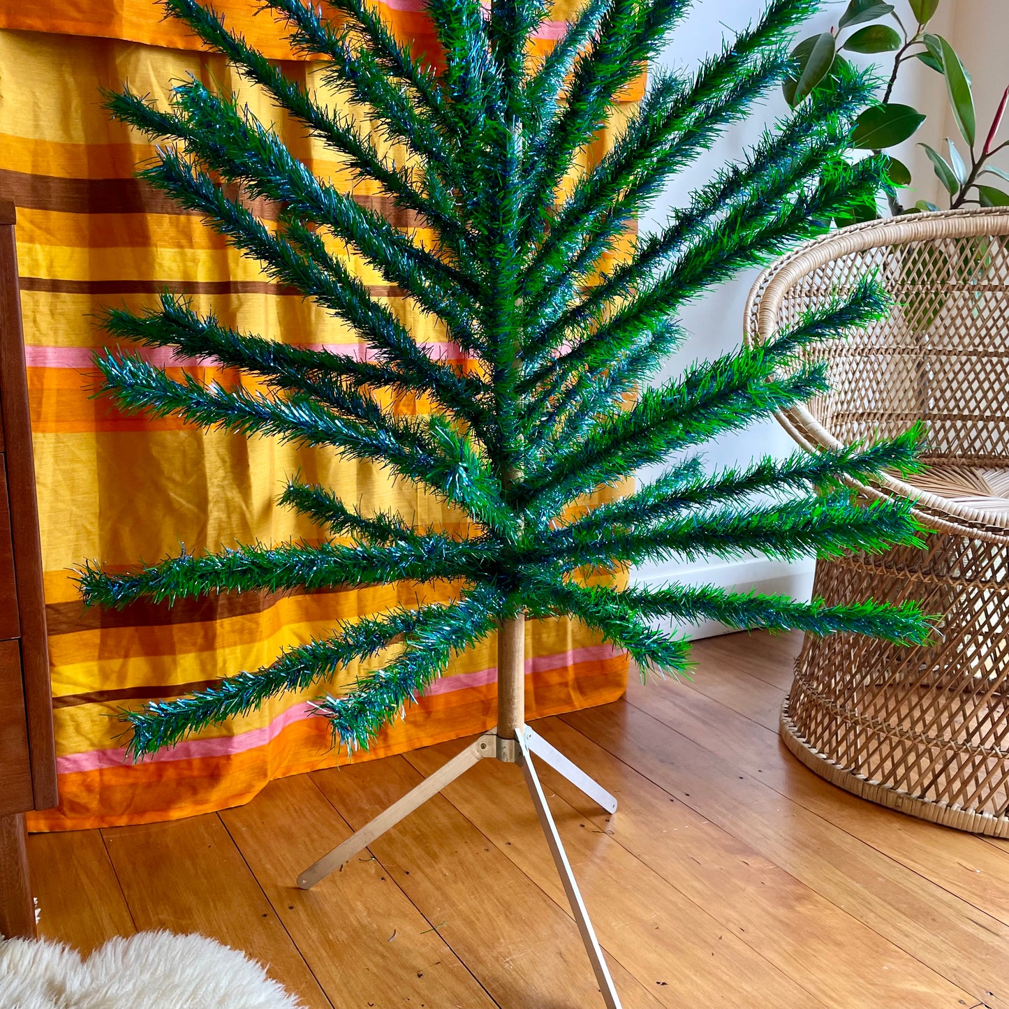 Sparkly vintage blue and green faux Christmas tree - midcentury modern peacock Xmas tree