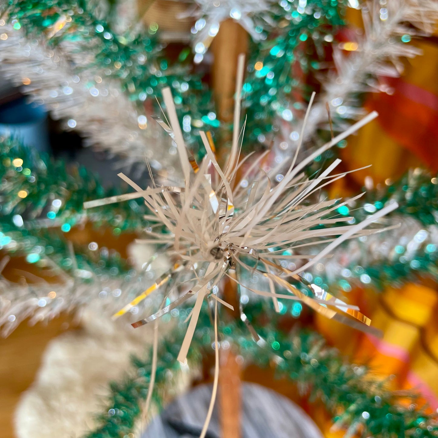 Ziegfeld Showgirl - Vintage 4 foot silver and turquoises Christmas tree - retro two toned tinsel aluminum xmas tree