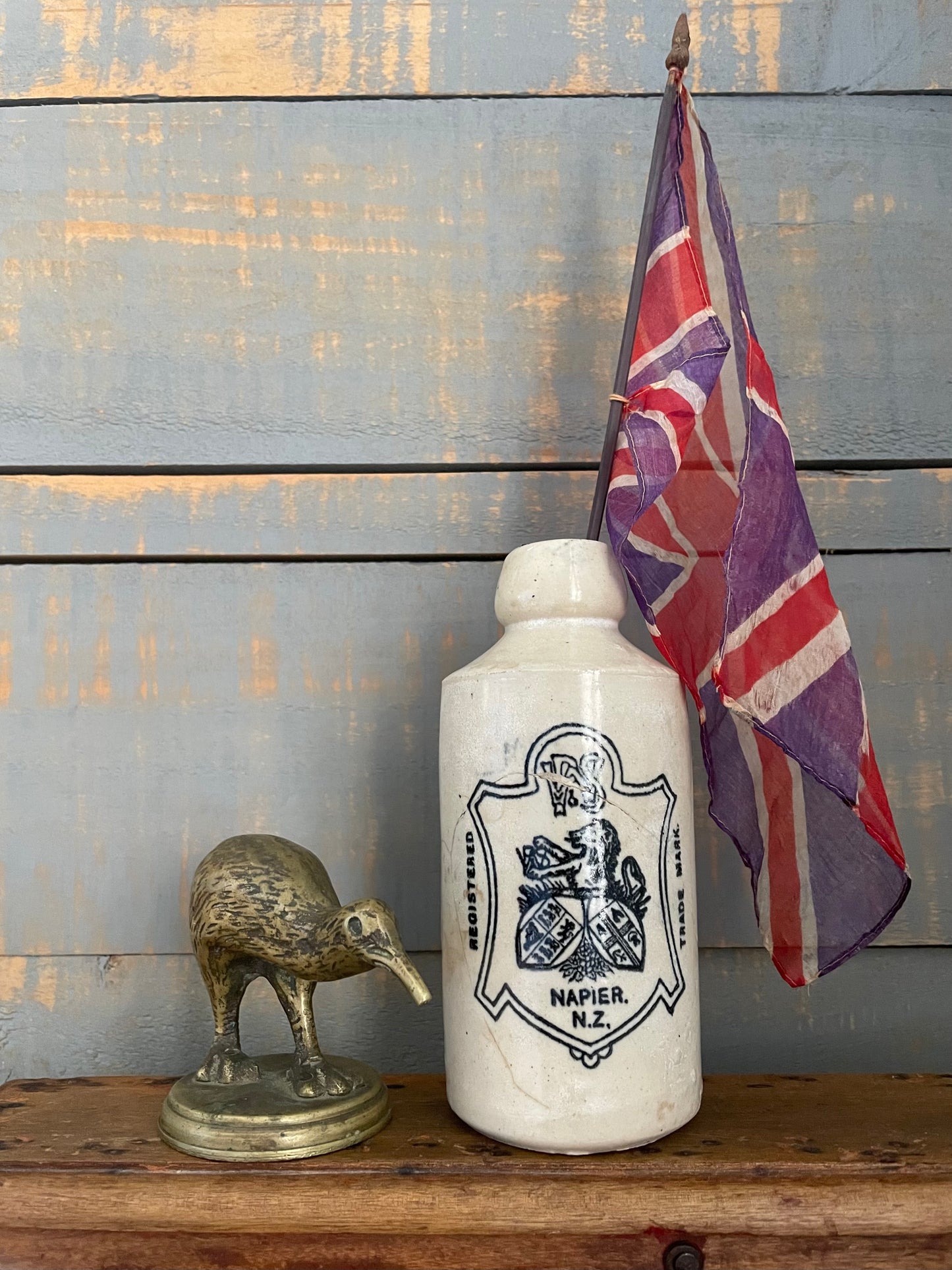 Antique silk United Kingdom parade flag, small ceremonial UK waving flag on stick