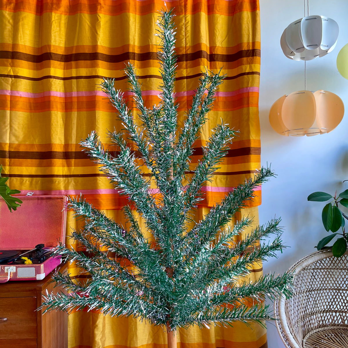 Tinselite Tree - Authentic vintage midcentury modern Christmas tree / retro silver and green tinsel tree