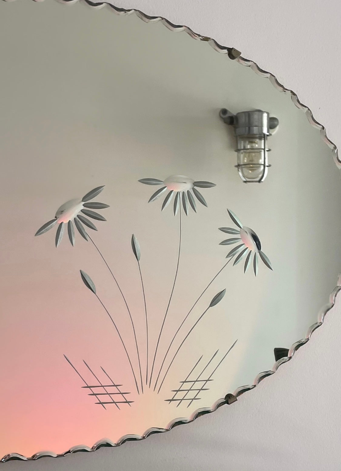 Upsy-Daisy Mirror - retro oval mirror with scalloped bevels and etched floral design