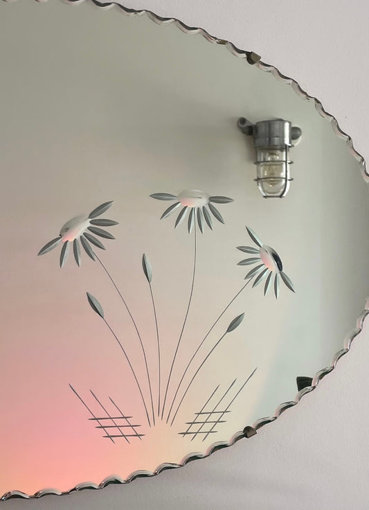 Upsy-Daisy Mirror - retro oval mirror with scalloped bevels and etched floral design
