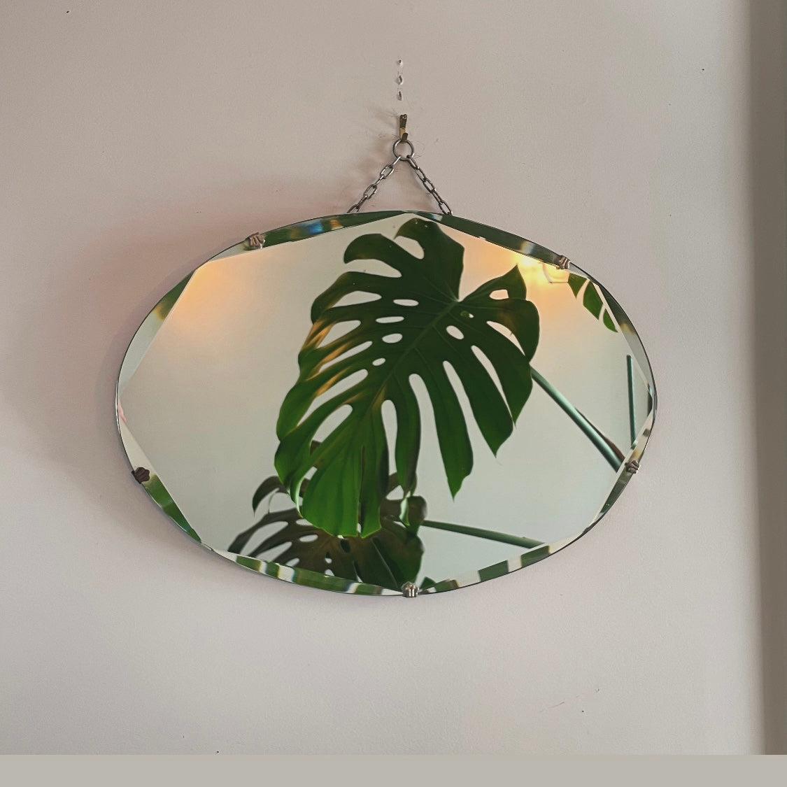 Oval antique mirror - frameless beveled 1930s art deco mirror