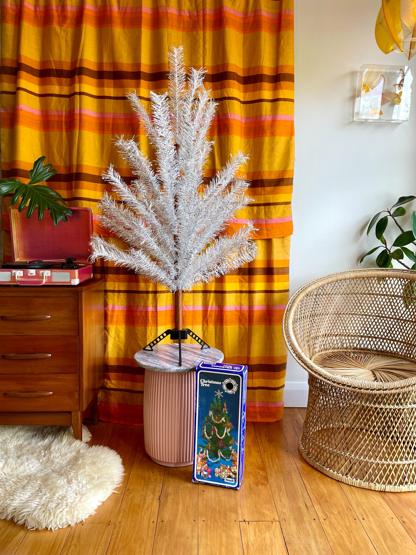 The Silver Bullet- 4 foot Vintage white and silver Christmas tree - midcentury modern stainless tinsel xmas tree