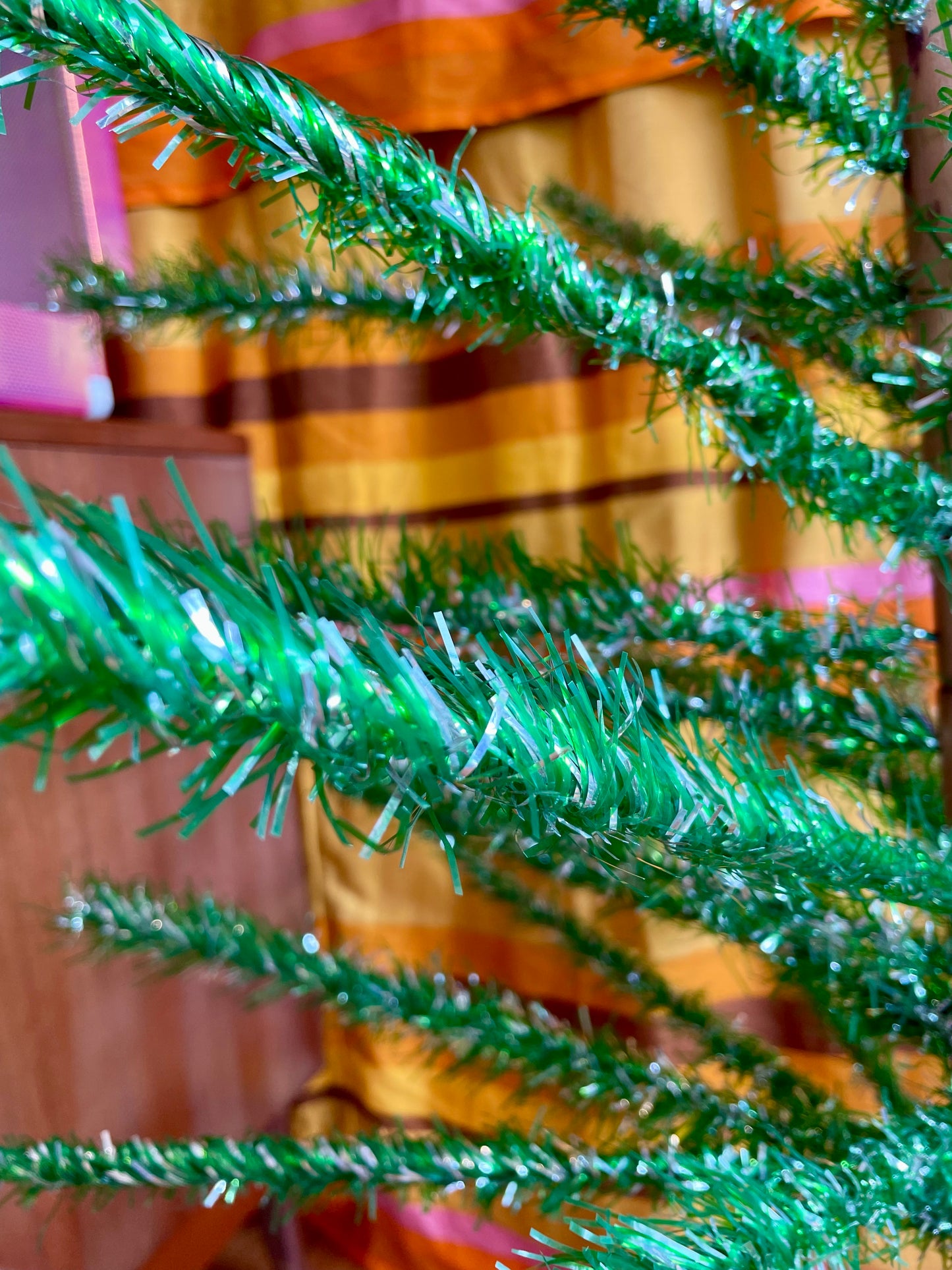 Lime green vintage Christmas tree - 6 foot midcentury modern aluminum Xmas tree - sparkly silver and green