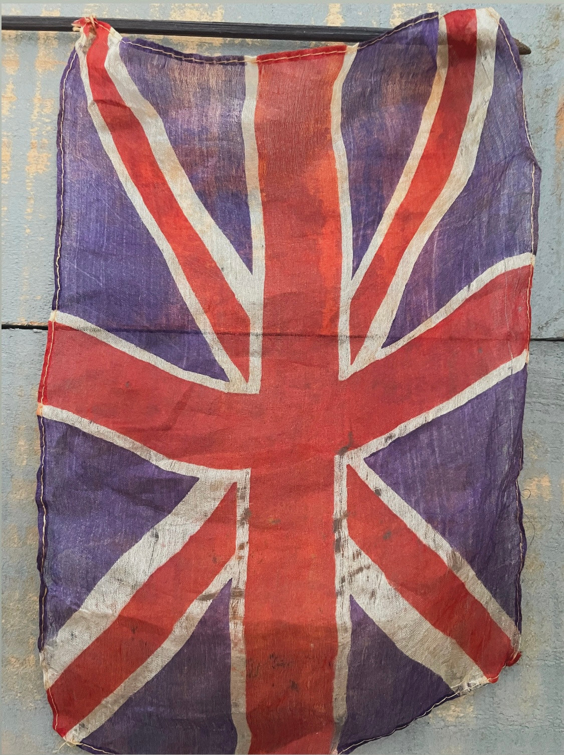 Antique silk United Kingdom parade flag, small ceremonial UK waving flag on stick