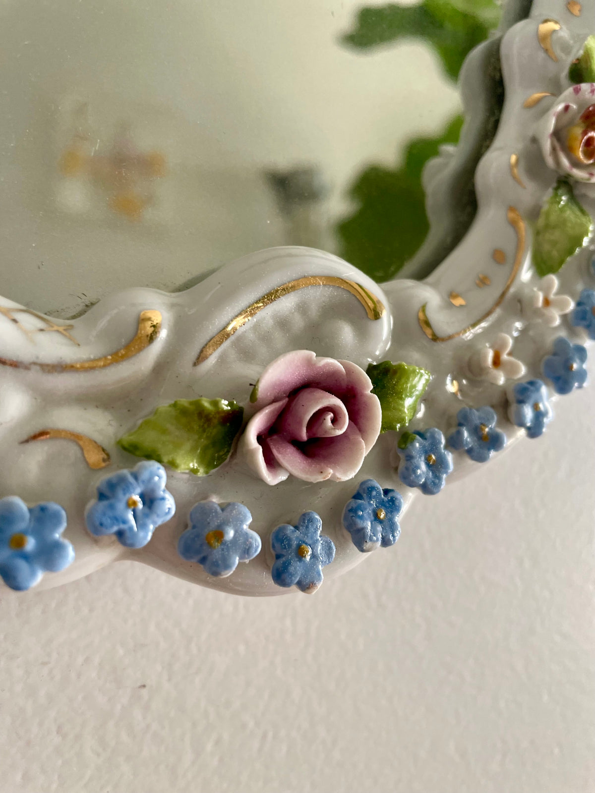 Antique German porcelain mirror - small glass floral mirror