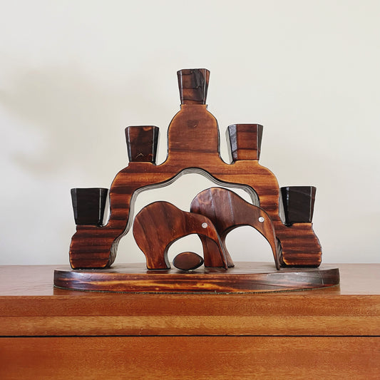 Hand-carved vintage kiwi candelabra - New Zealand native timber kiwi bird candle holder