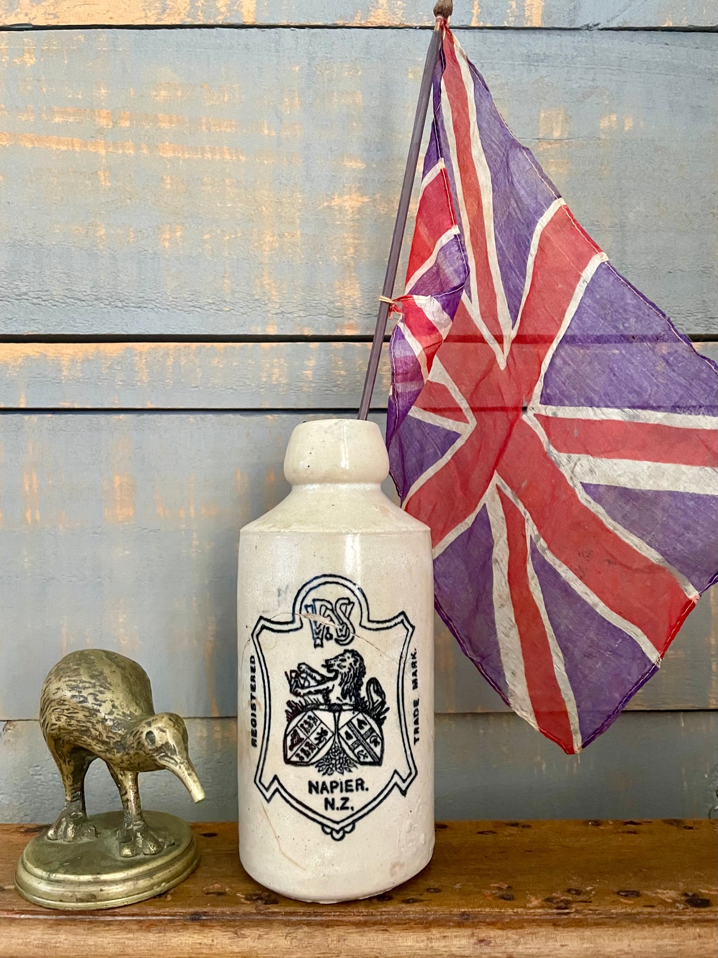 Antique silk United Kingdom parade flag, small ceremonial UK waving flag on stick