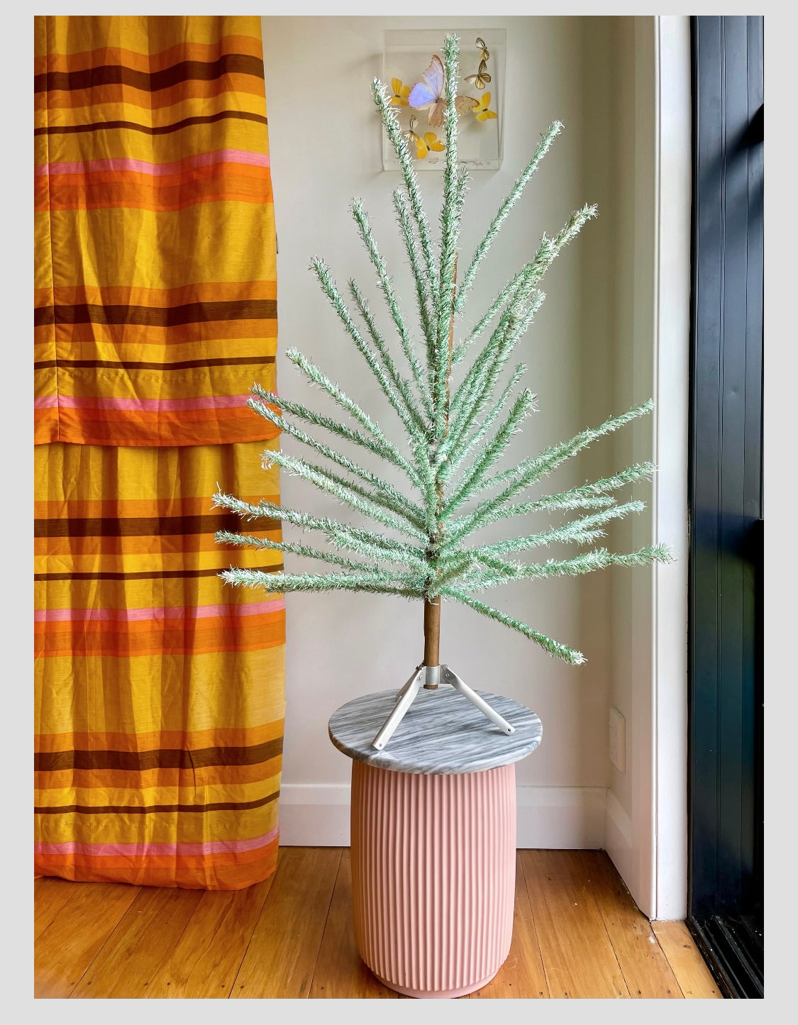 Pistachio Ice Cream - 4 foot Vintage white and green Christmas tree - midcentury modern tinsel xmas tree