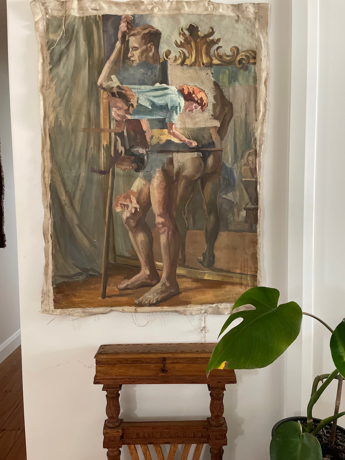Juxtapositions - vintage oil painting on extra large loose canvas material - two sided classical nude artwork