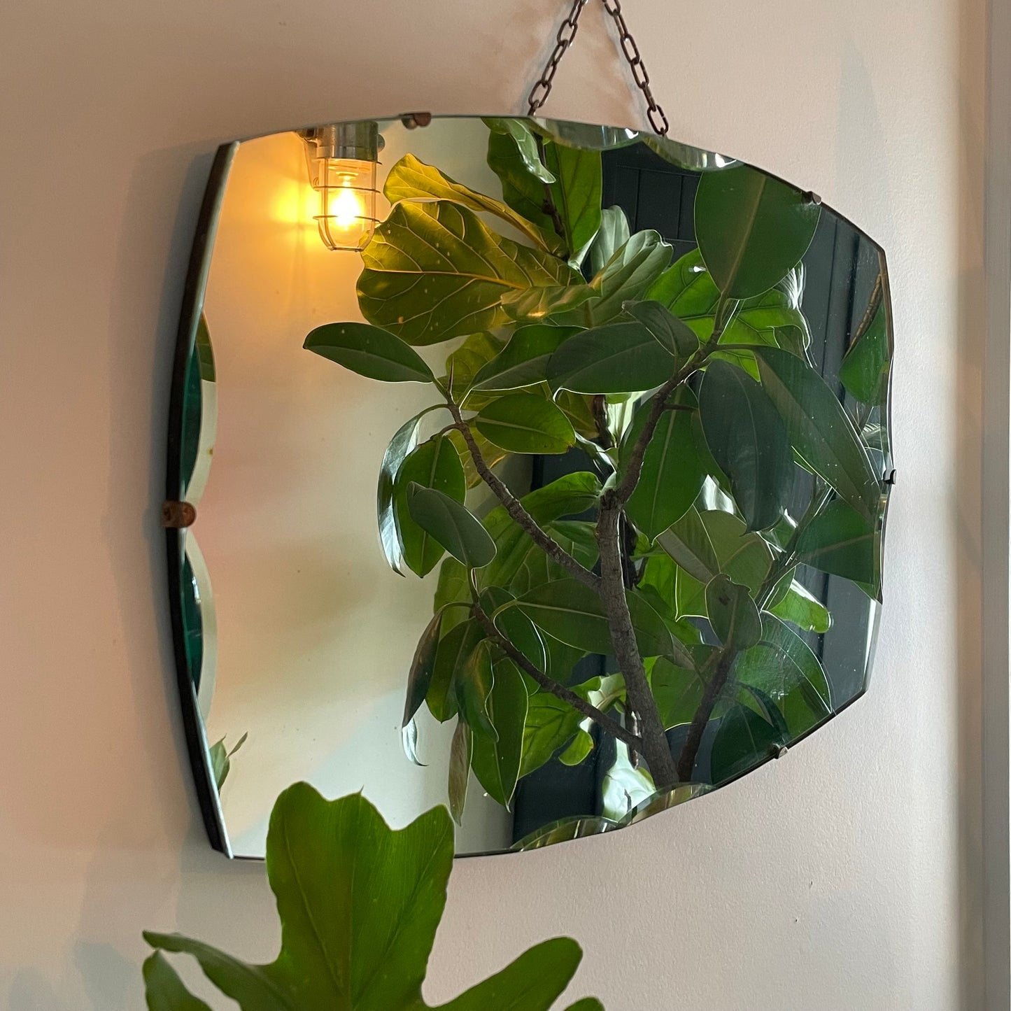 Frameless art deco mirror with scalloped beveled edges - retro mirror