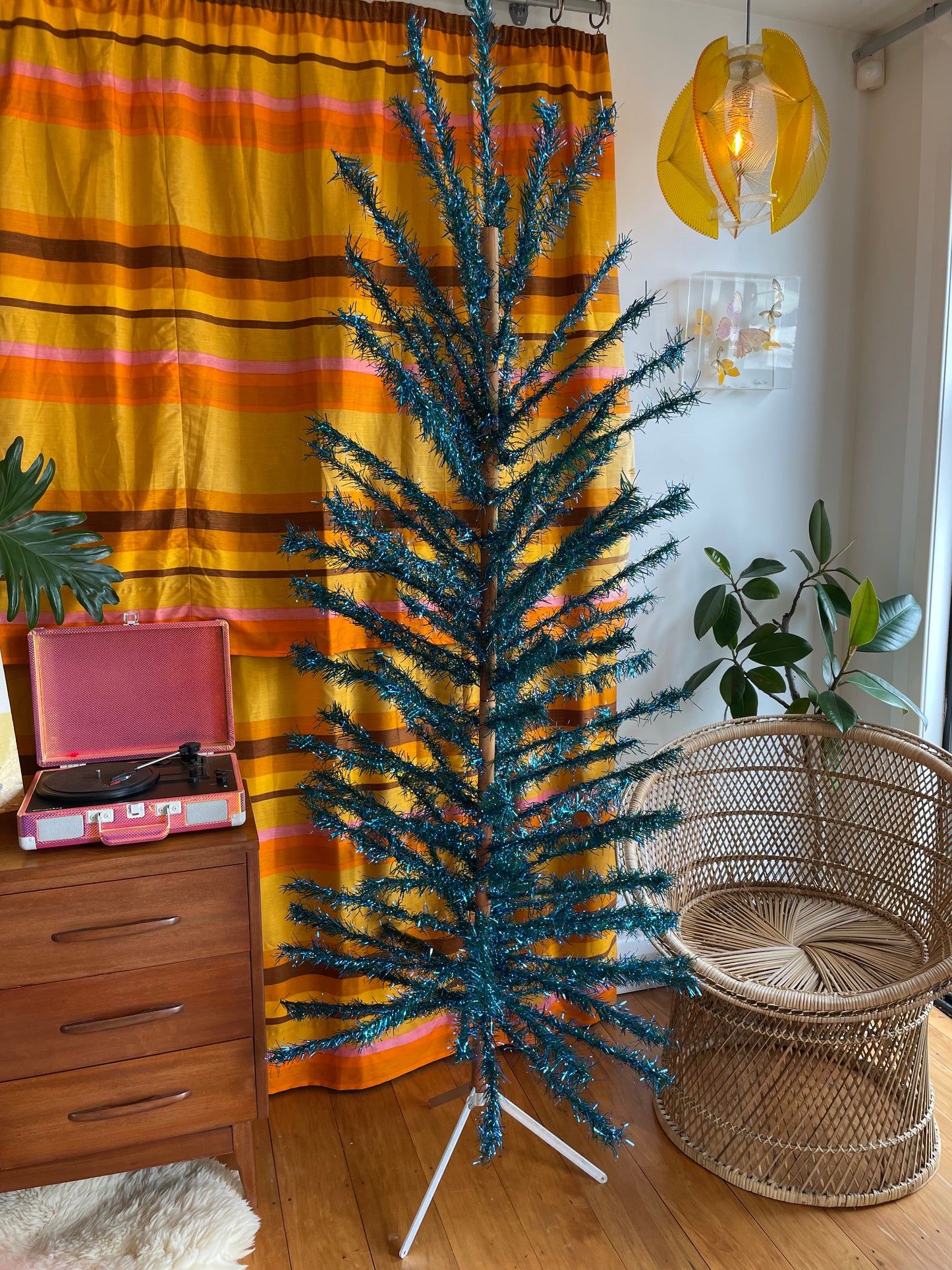 Blue Tui Tree - 7 foot Sparkly blue and green vintage Christmas tree - midcentury modern aluminum Xmas tree