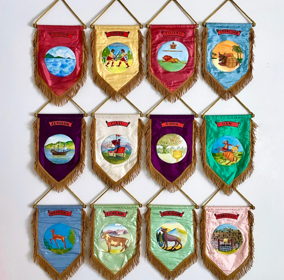 Antique Masonic banners of the 12 Tribes of Israel - Royal Arch Free Mason / Oddfellows / IOOF silk hand painted hanging