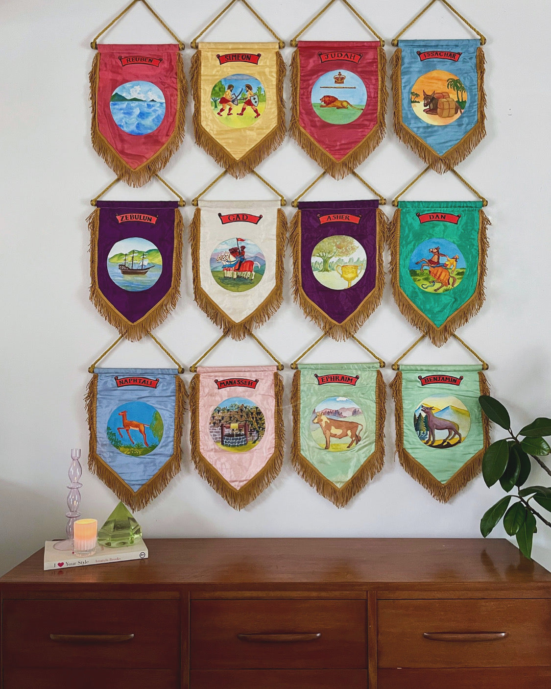 Antique Masonic banners of the 12 Tribes of Israel - Royal Arch Free Mason / Oddfellows / IOOF silk hand painted hanging