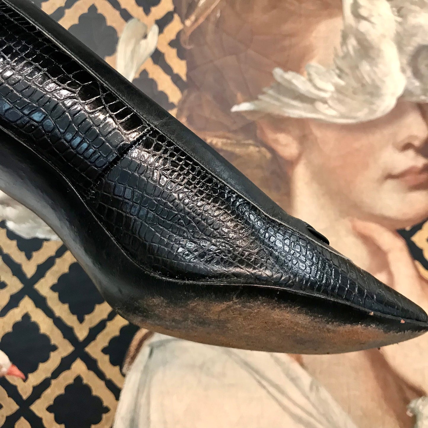 Serpent & Dove heels - modern size 8 vintage black leather heels with snakeskin embossing - F-23