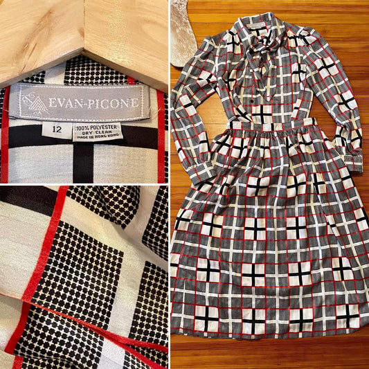 Vintage Evan Picone silky blouse and skirt set - red, white and black checked pattern - F-18