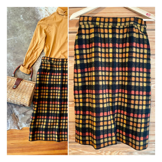 Bold patterned vintage wool pencil skirt - orange, yellow & black - F-11