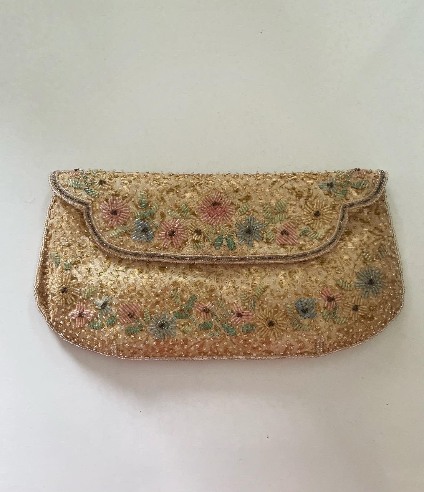 Vintage embroidered evening bag with delicate chain shoulder strap and pocket mirror - F-28