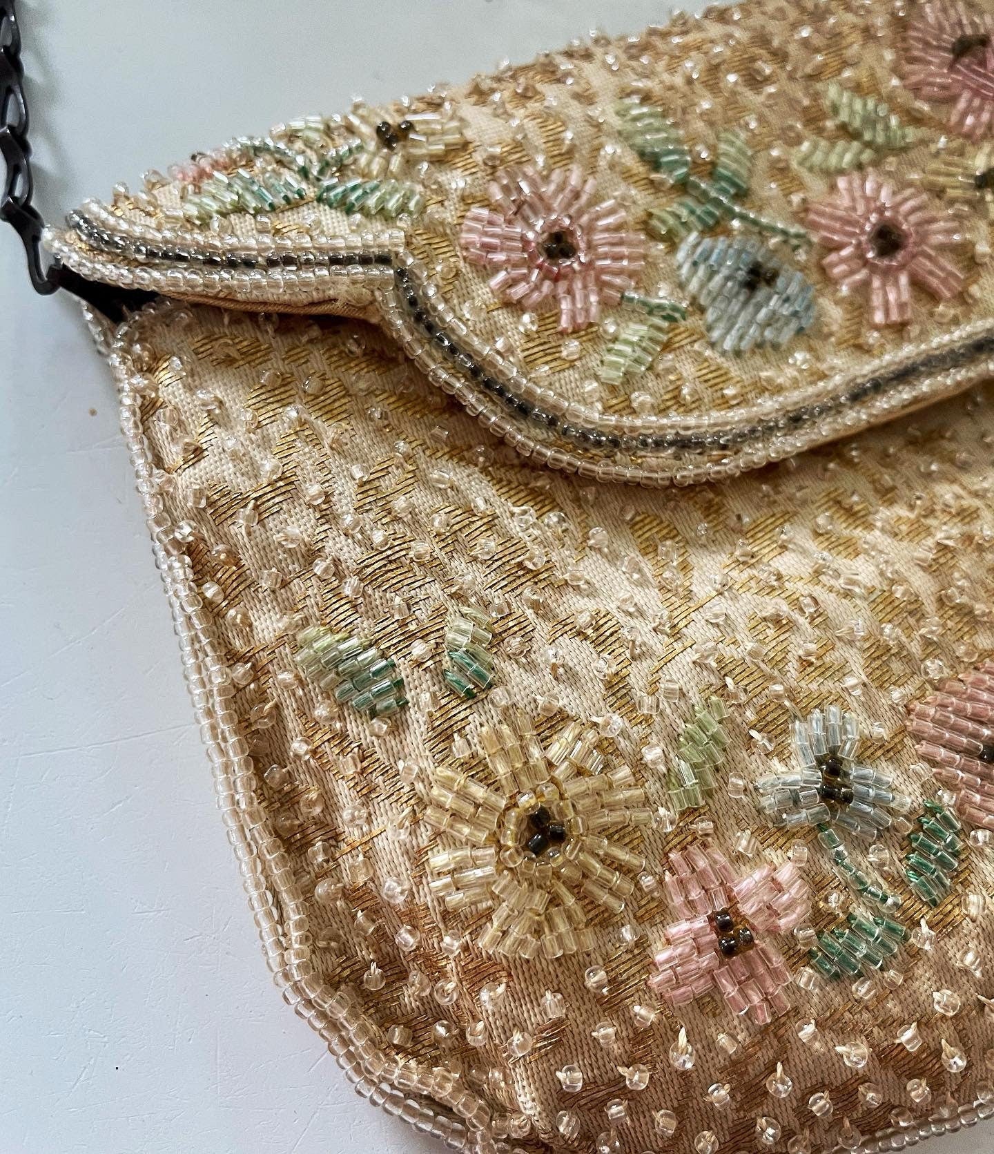 Vintage embroidered evening bag with delicate chain shoulder strap and pocket mirror - F-28