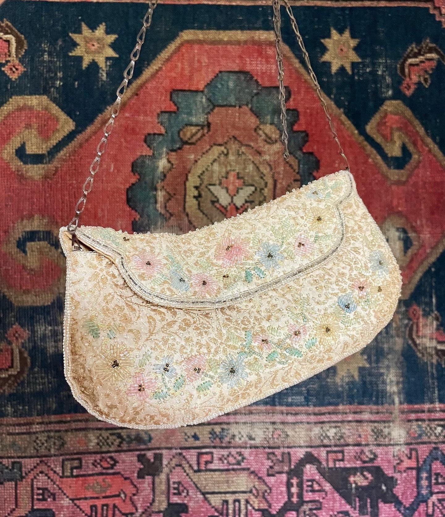 Vintage embroidered evening bag with delicate chain shoulder strap and pocket mirror - F-28