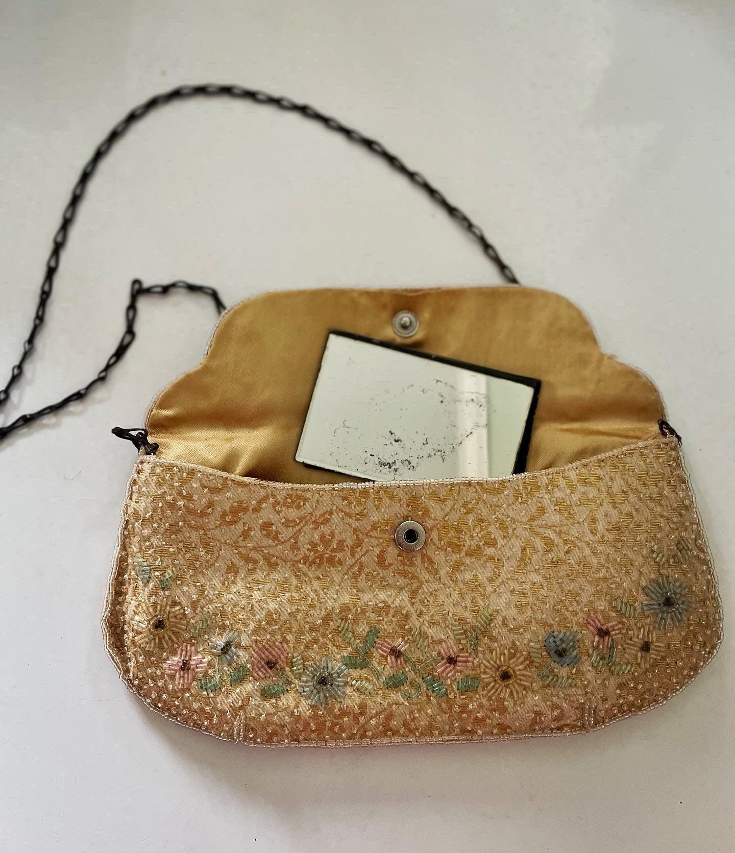 Vintage embroidered evening bag with delicate chain shoulder strap and pocket mirror - F-28